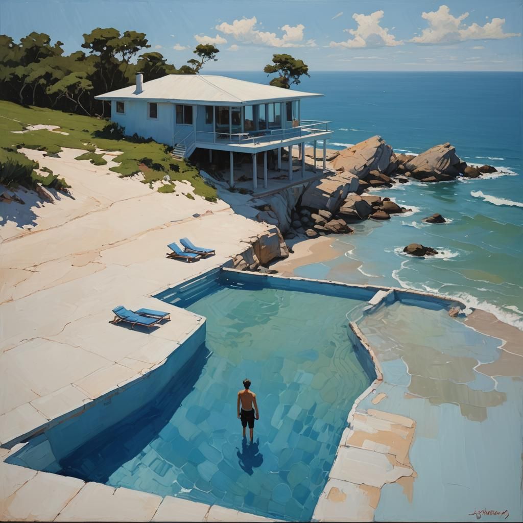 Minimalist Beach House and Blue Pool in Oil Painting Style