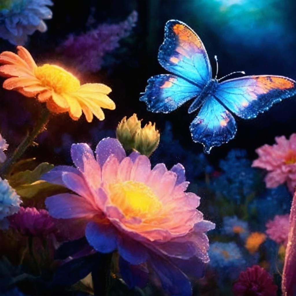 Ethereal Blue Butterfly in a Magical Garden