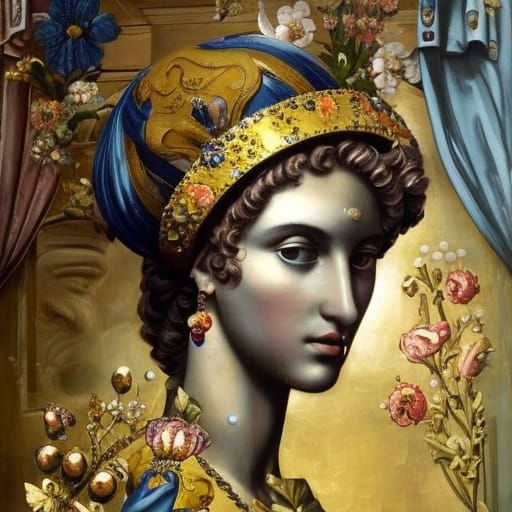 Molecular Icon of Young Beauty with Gems and Flowers