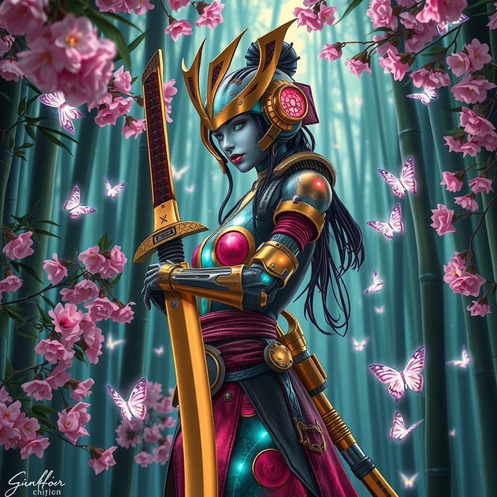 Bioluminescent Cyborg Samurai in Blossoming Bamboo Forest