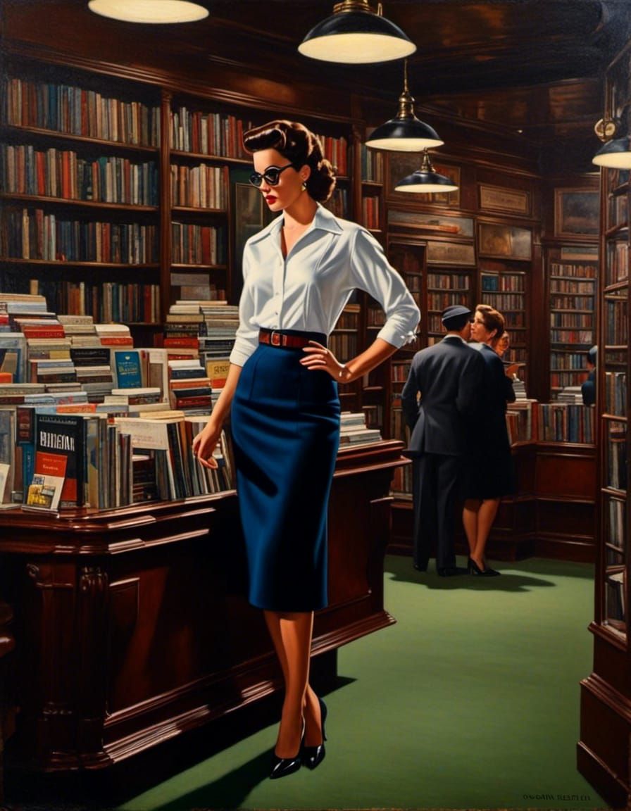 1950s Woman in Bookstore: Photorealistic Oil Painting
