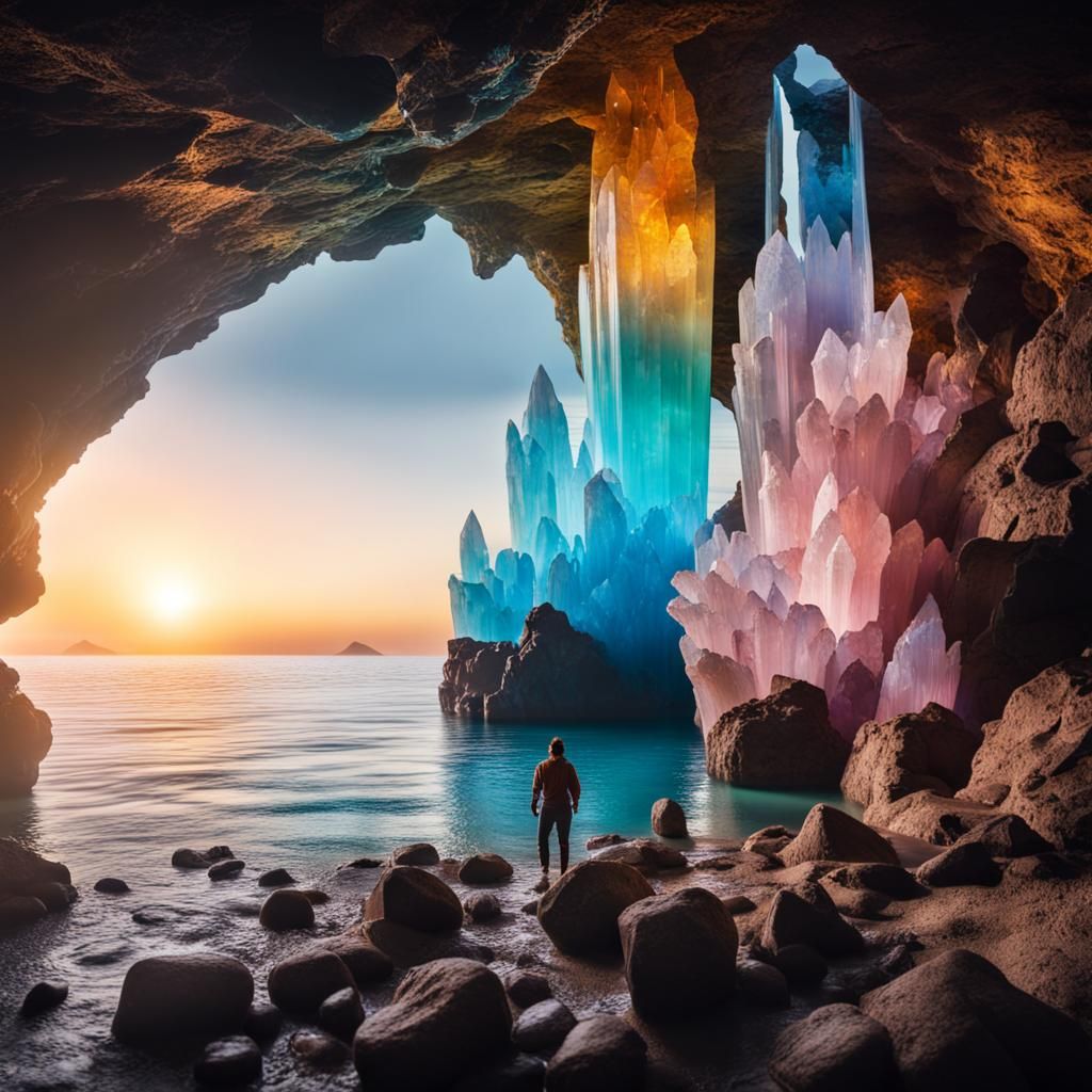 Colorful Crystal Cave with Dwarf Fisherman
