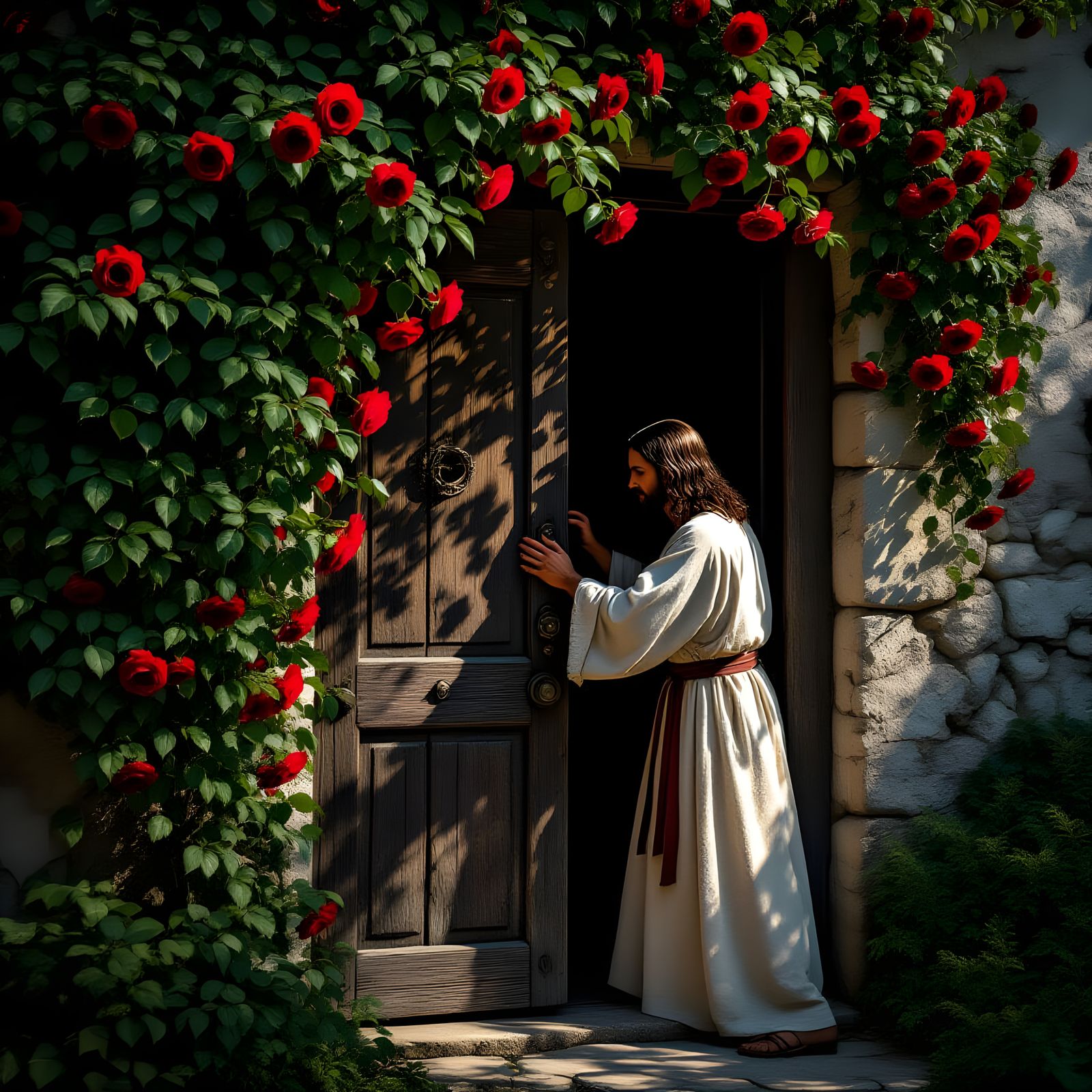Jesus Knocks on Vine-Covered Door: Cinematic Film Still