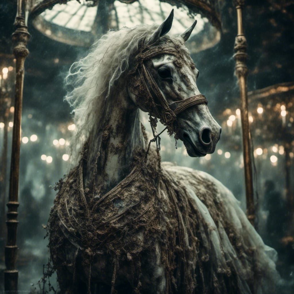 Eerie Ghost Rider on a Carousel Horse