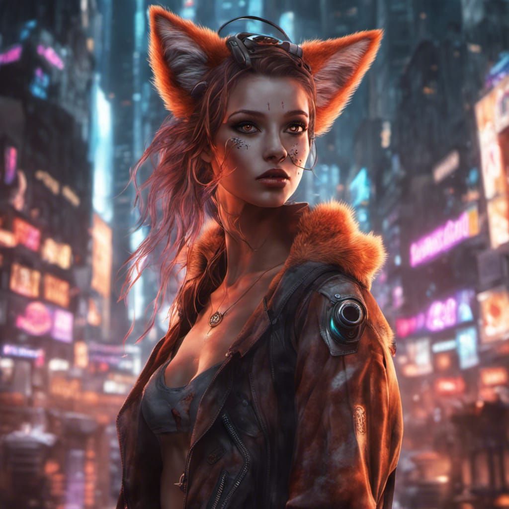 Kitsune Girl in Cyberpunk City: Hyperrealistic 8K Fantasy