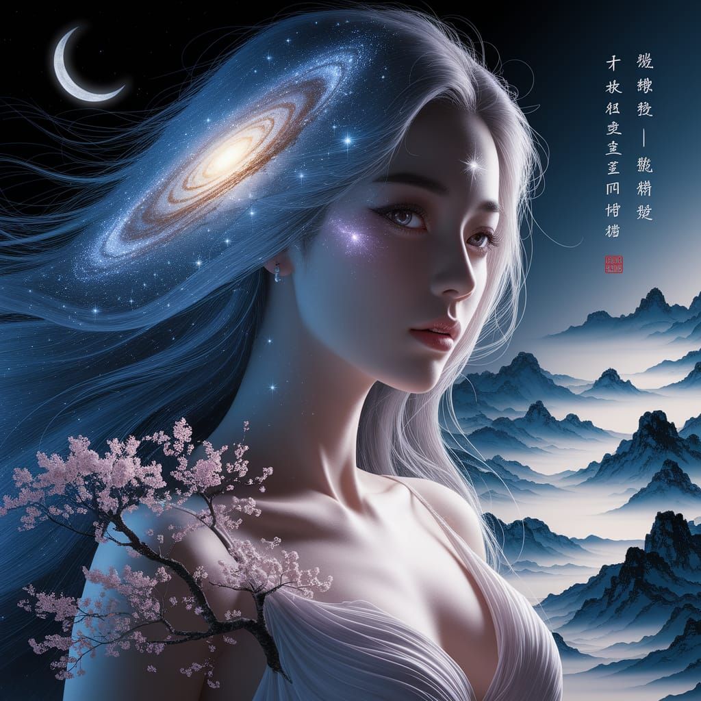 Celestial Goddess Amidst Galaxy and Cherry Blossoms