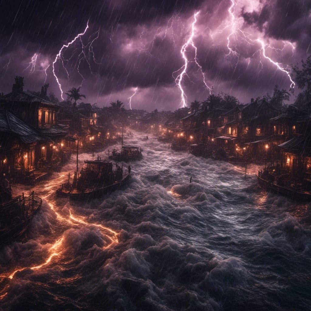 Intense hurricane with extreme rain and glowing lightning bolts, flooding, stormy waters