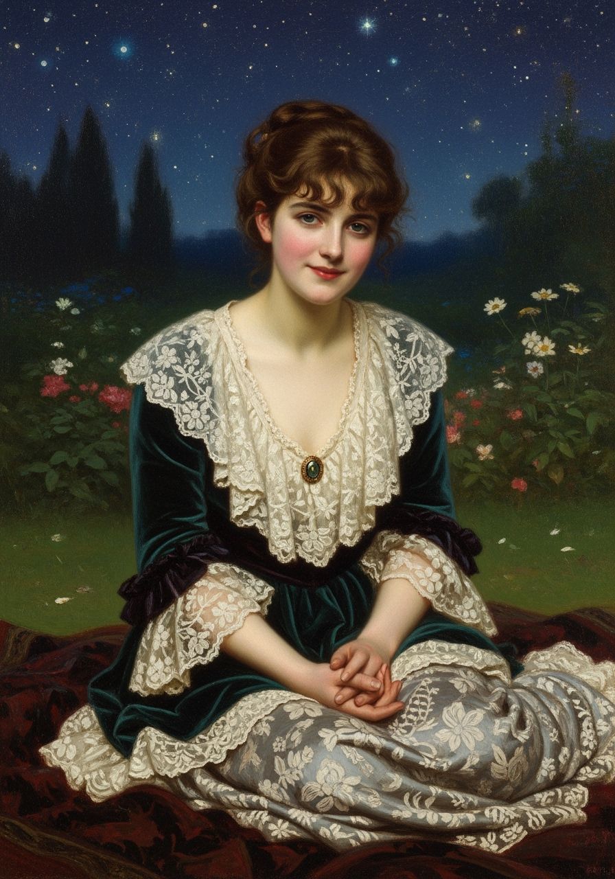 Victorian Woman in Starry Garden: Oil Painting