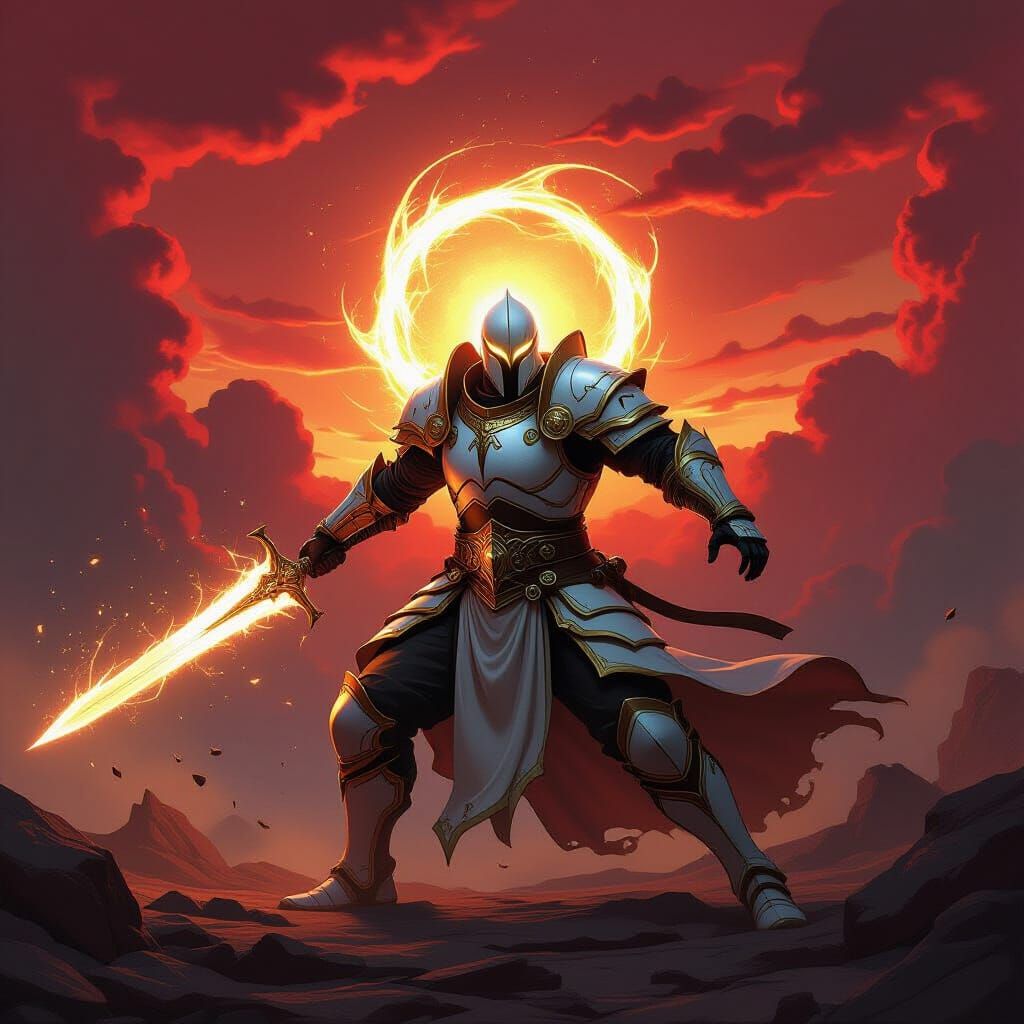 Warrior in White and Gold Armor with Arcane Glow