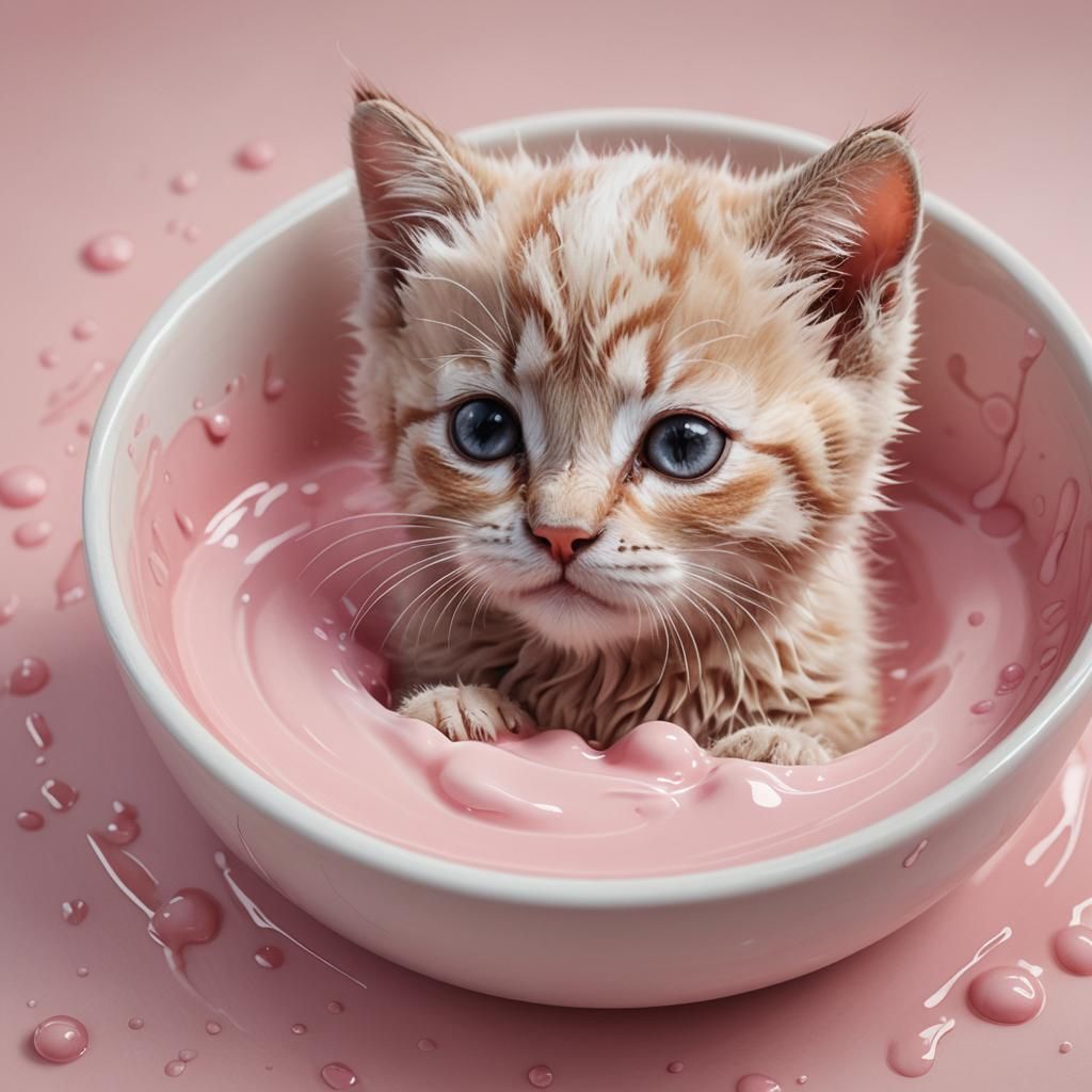 Fluffy Pink Kitten Lapping Milk: Hyperrealistic Close-Up