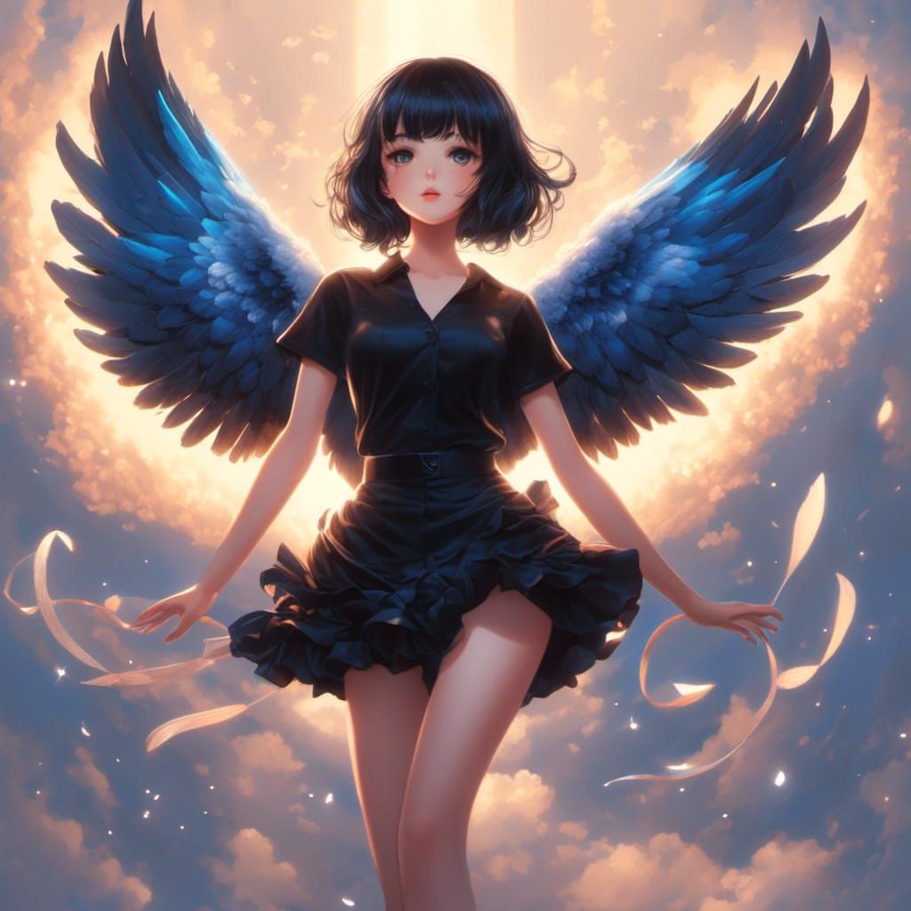 Anime Angel with Black Hair and Wings