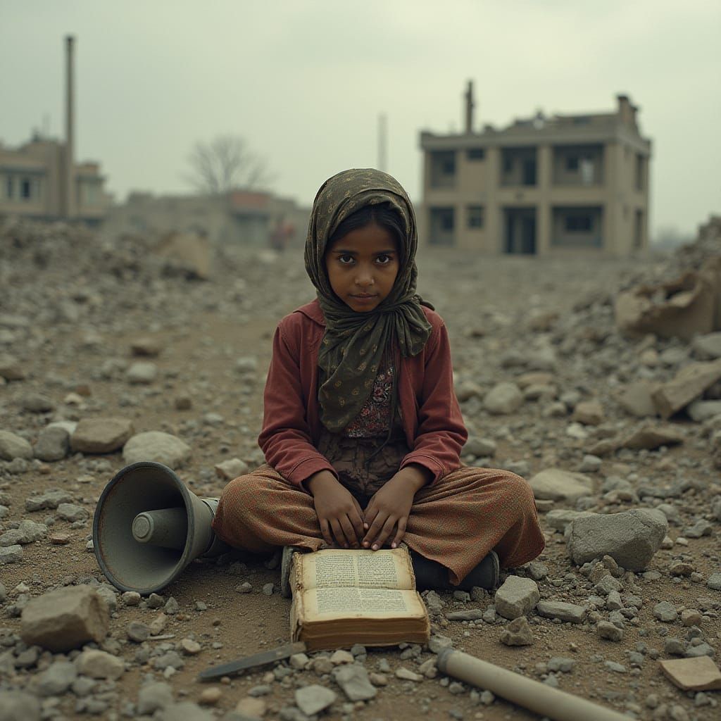 Girl Amidst War-Torn Ruins in Hyper-Realistic Style