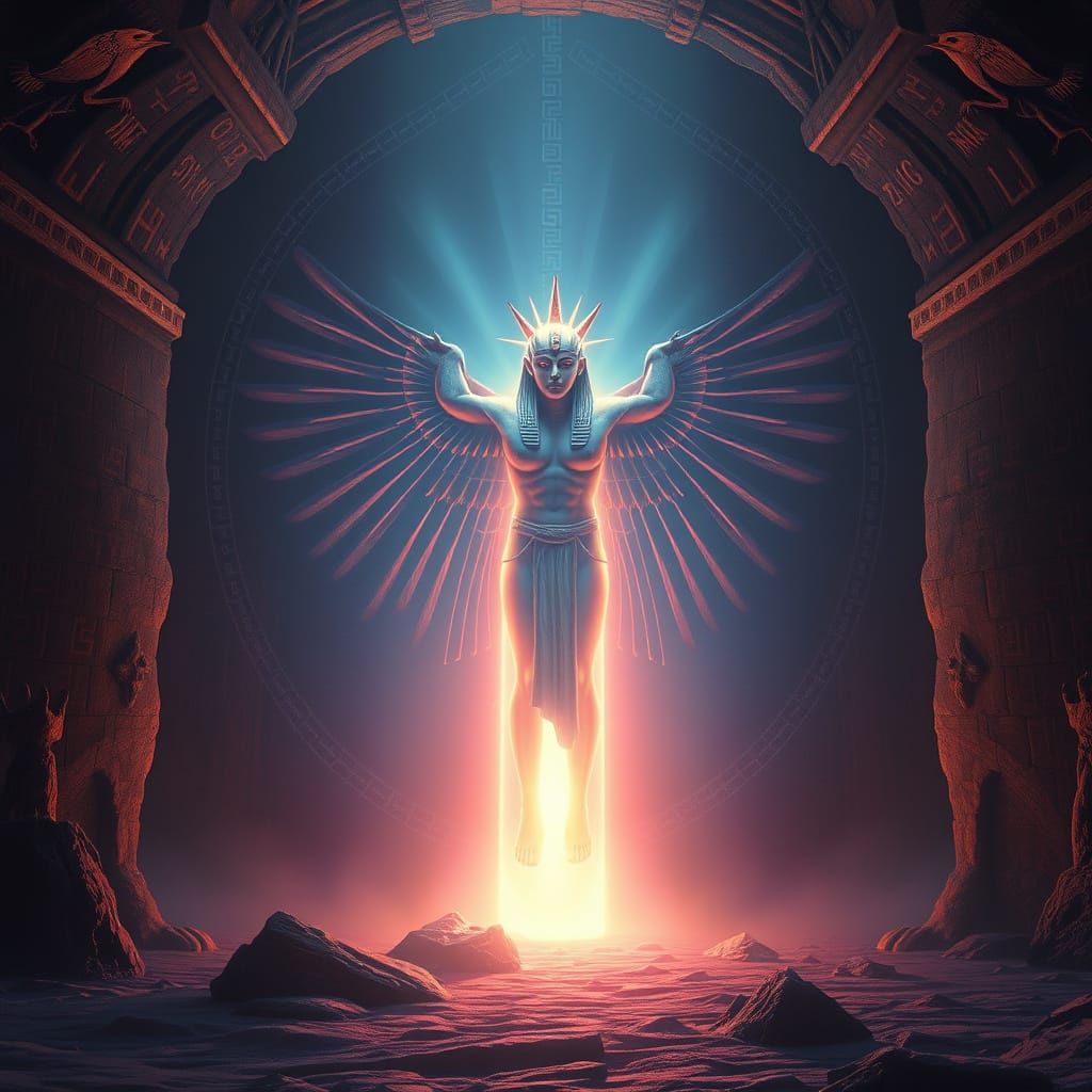 Ethereal Being Illuminated by Ancient Hieroglyphs