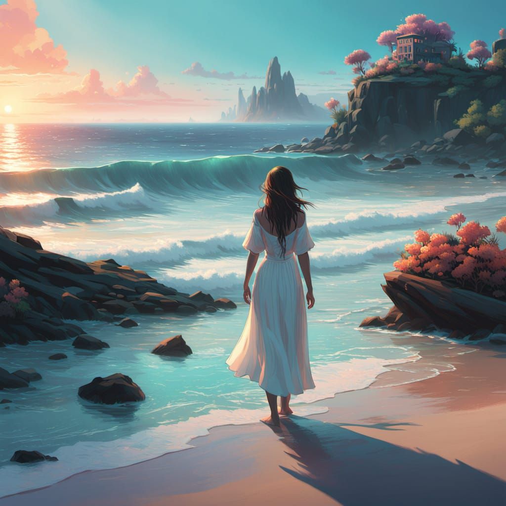 Dreamlike Beach Scene with Castle and Magical Creatures