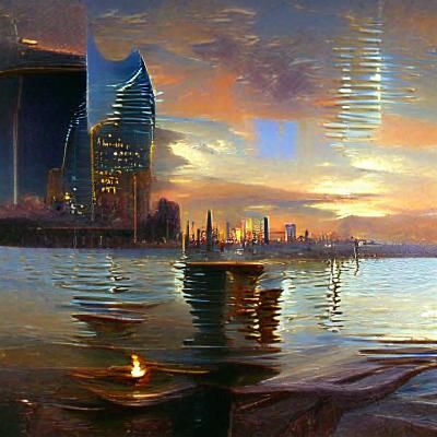 Cityscape at Sunset in Oil Painting Style