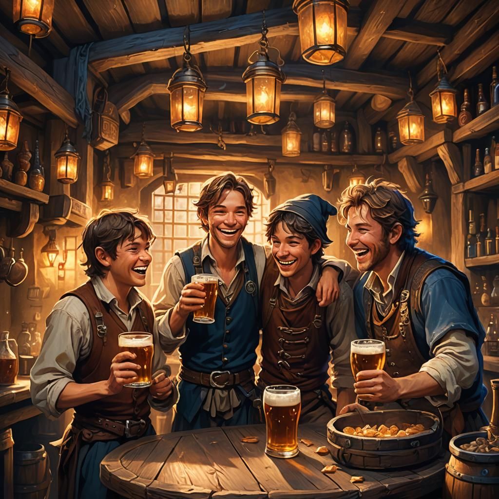 Boys Toasting in Rustic Tavern: Fantasy Oil Painting