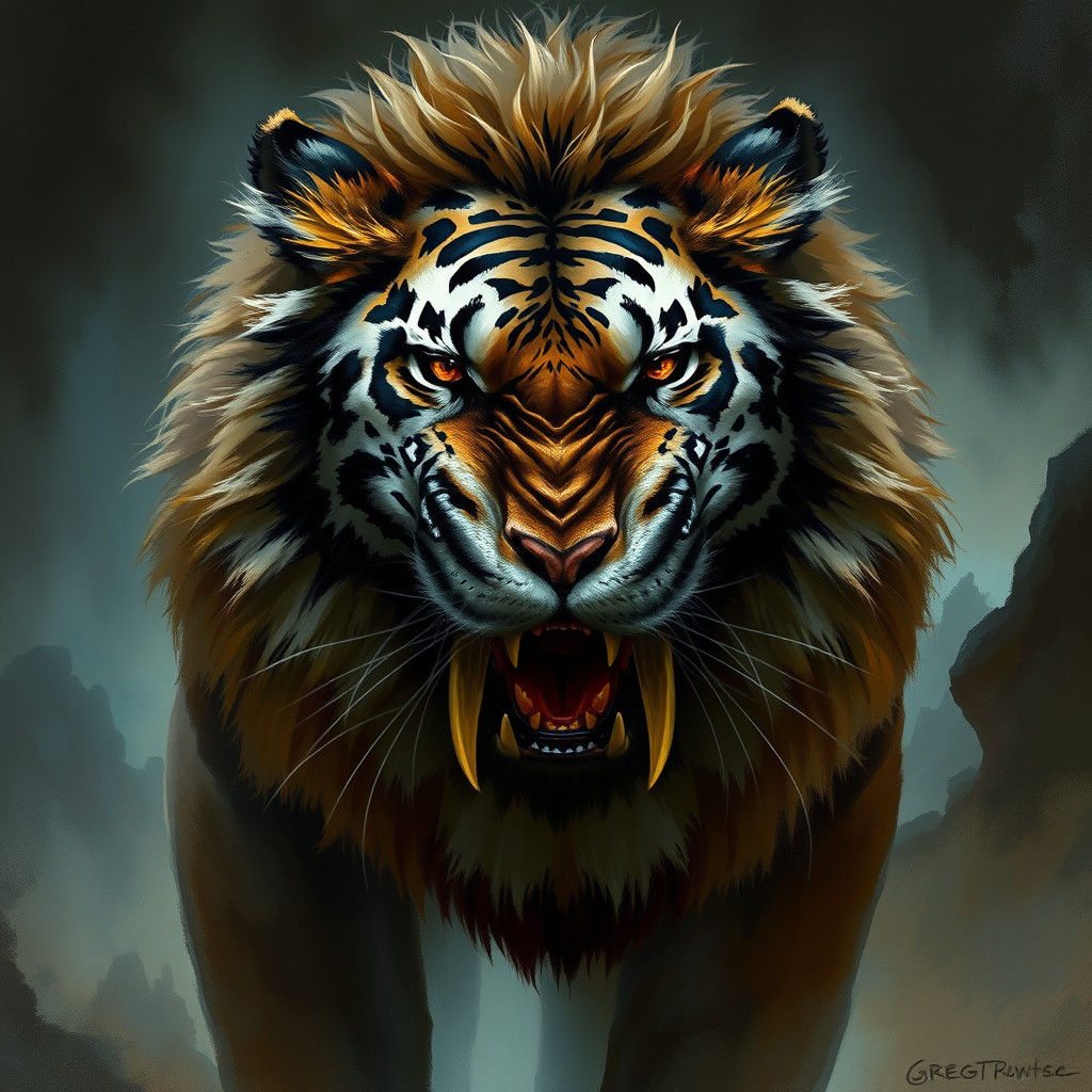 Ominous Saber-Toothed Tiger-Lion in Fantasy Landscape
