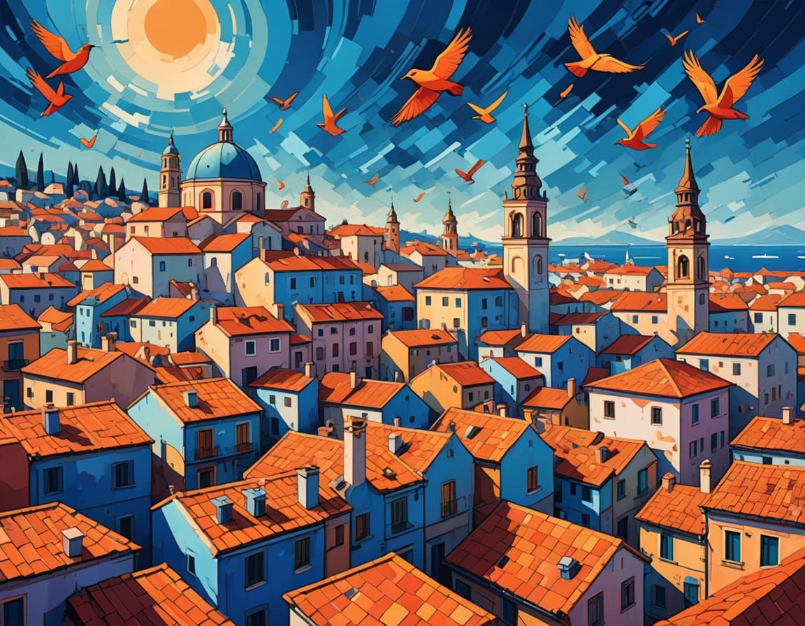 Dreamlike Mediterranean Cityscape with Whimsical Birds