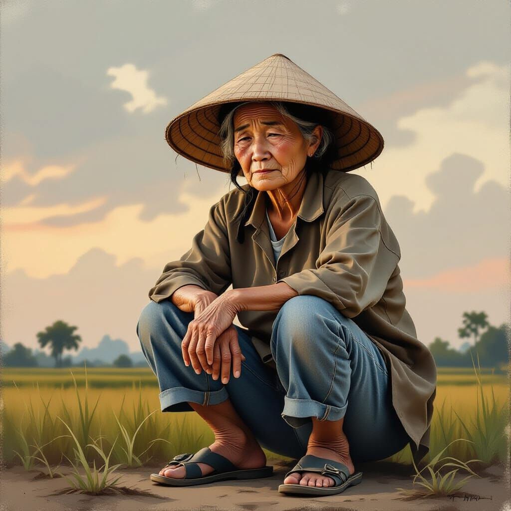 Sorrowful Vietnamese Woman in Conical Hat, Realistic Portrai...