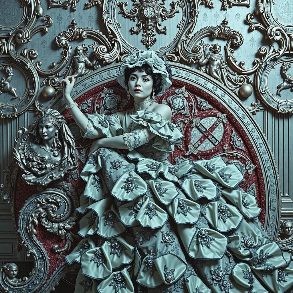 Woman in Opulent Attire in Baroque Setting