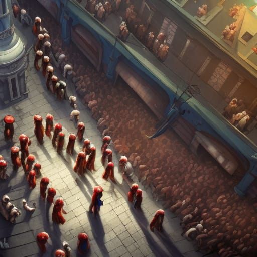 Worshippers Gather in City Street: Detailed Matte Painting
