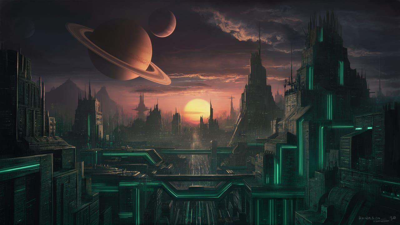 Cyberpunk Alien Cityscape with Saturn Sunset