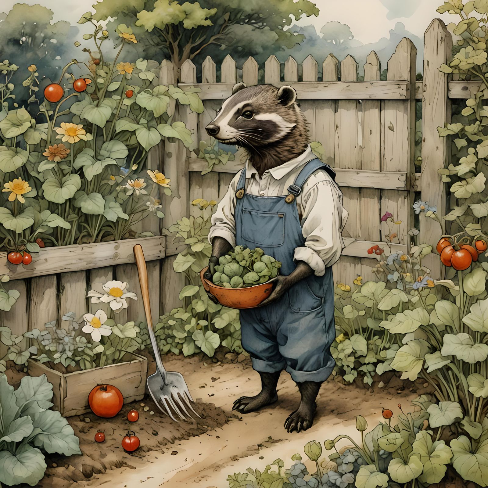 Badger Digging in Garden, Art Nouveau Illustration