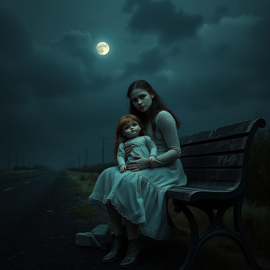 Woman with Ominous Doll in Dark Fantasy Style