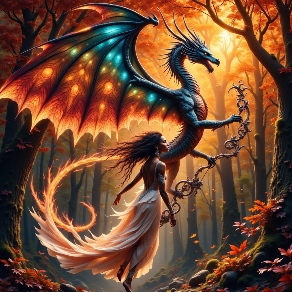Clockwork Dragon Woman in Autumn Forest