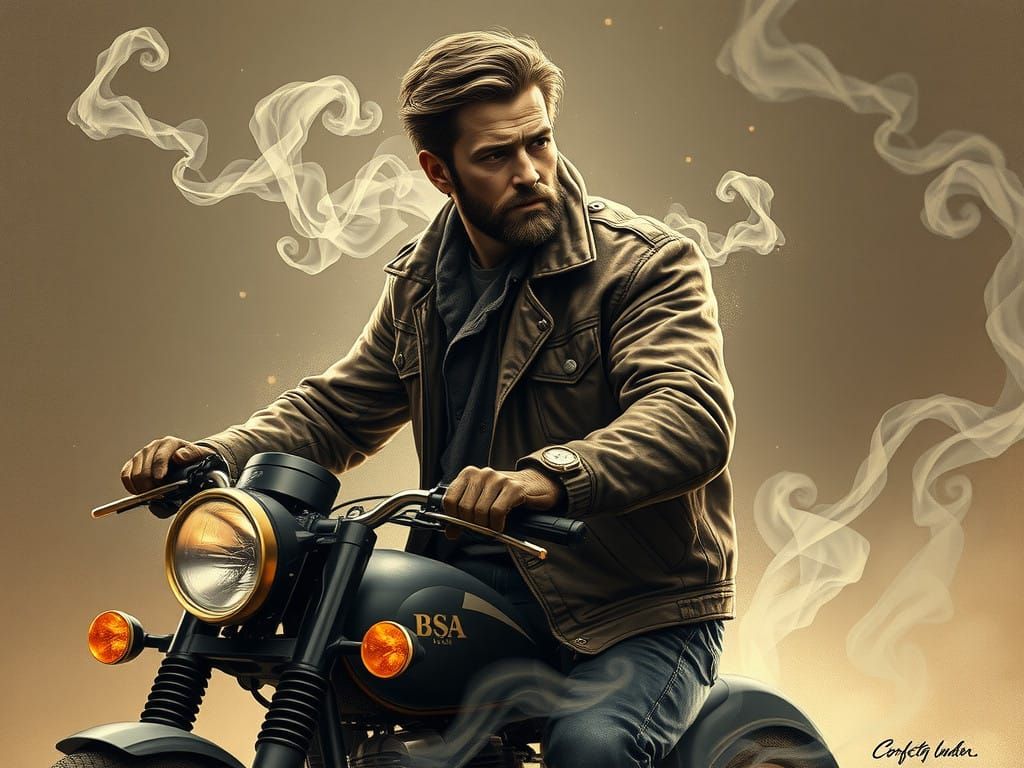 This captivating image features a mysterious man astride a v...
