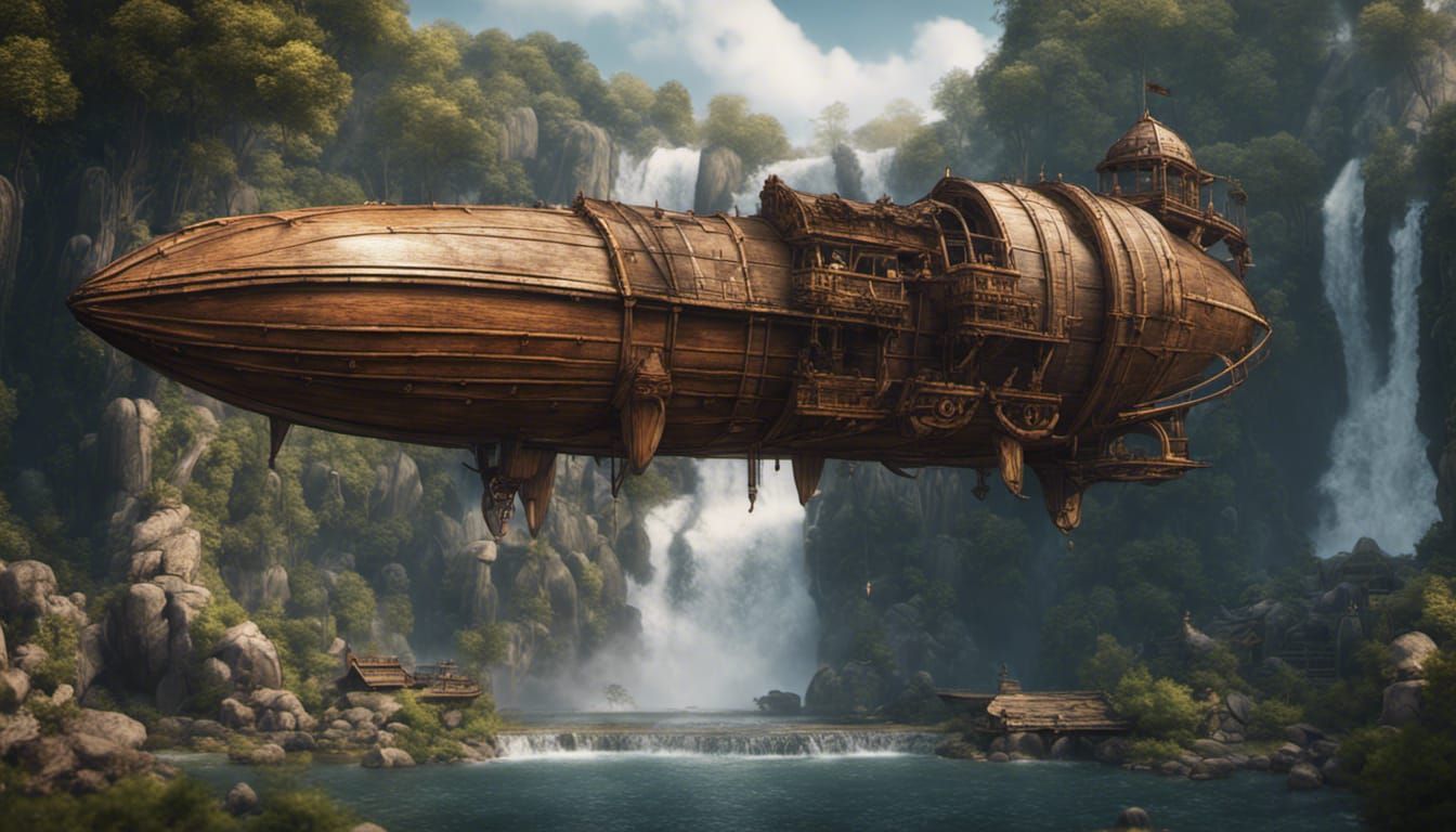 Fantasy Airship Over Waterfall: Detailed Matte Painting