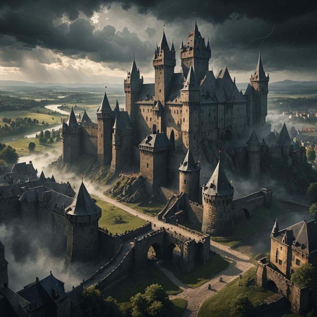 Dark Fantasy Medieval Castle with Stormy Sky