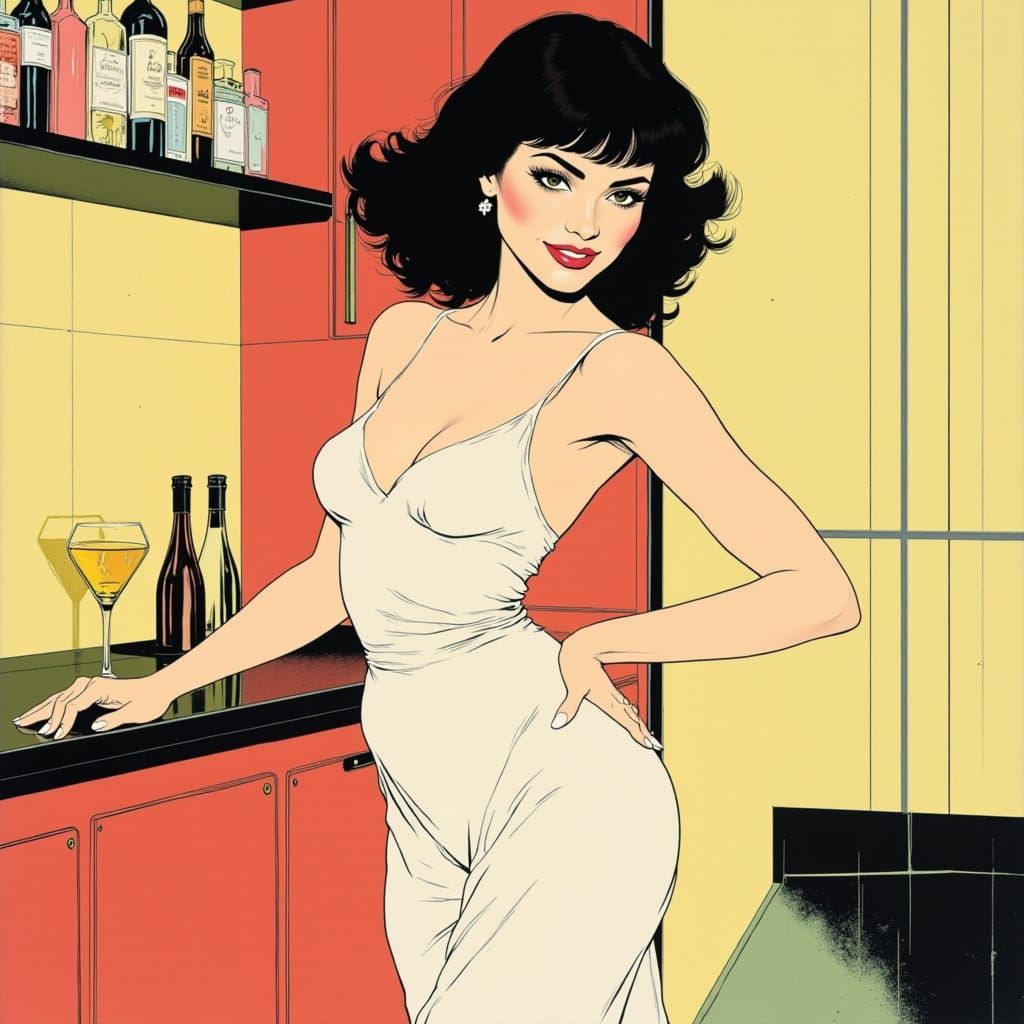 Glamorous Woman in 1980s Nagel-Style Illustration