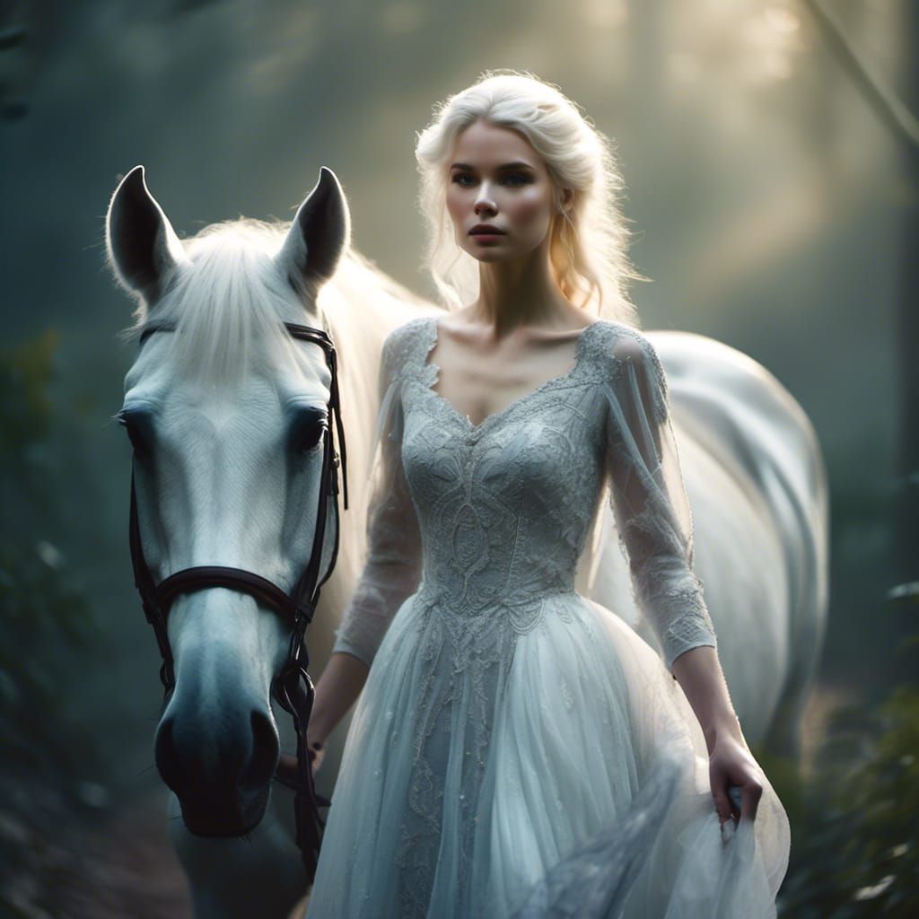 Ethereal Woman and Horse in Misty Forest