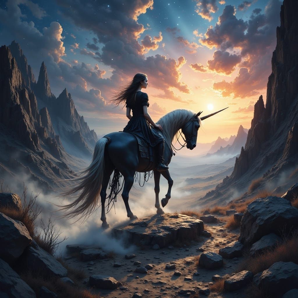 Spectral Unicorn Maiden in Desolate Desert Landscape
