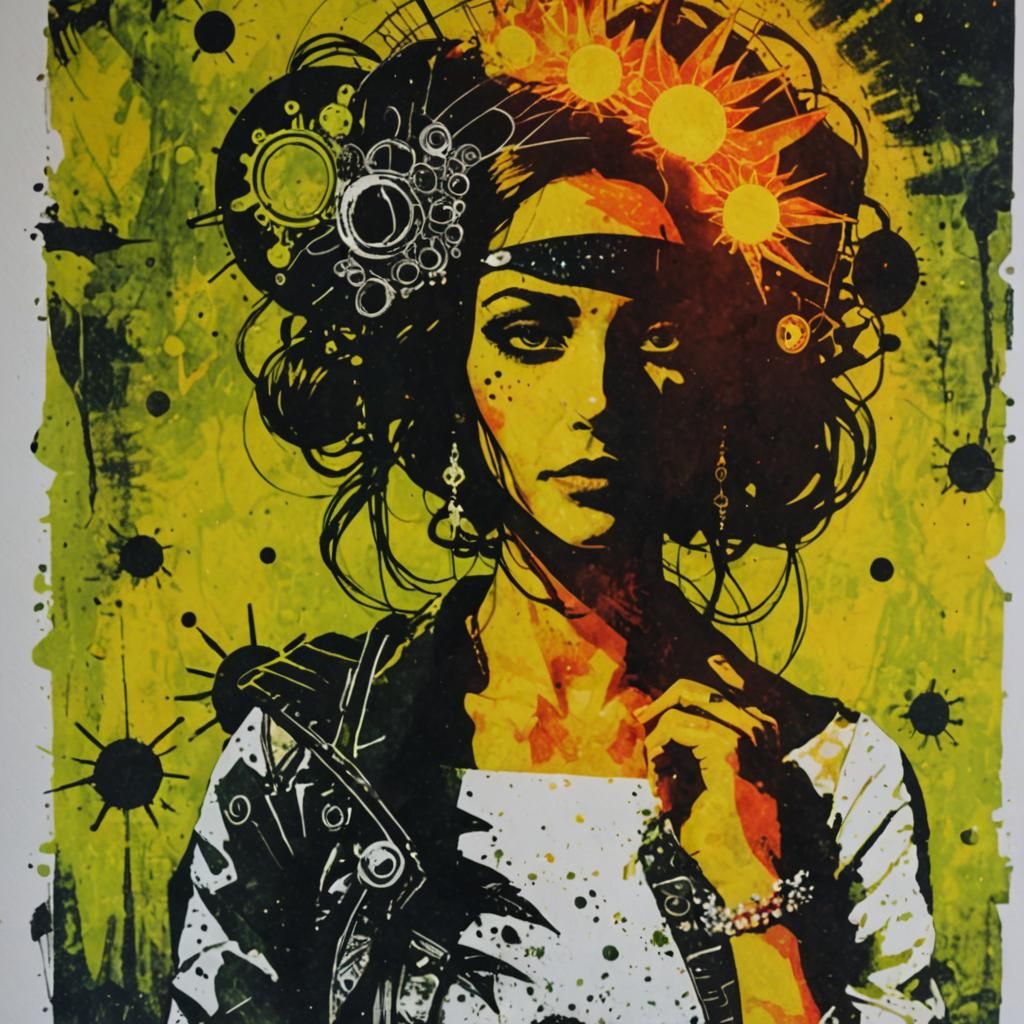 Solar Punk Bride in Monoprint Style