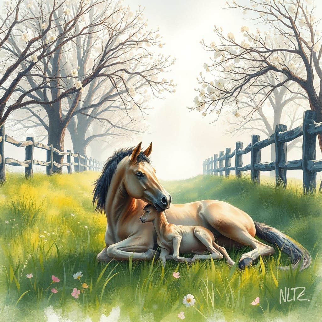 Dreamy Watercolor Horse Scene in Fantasy Landscape