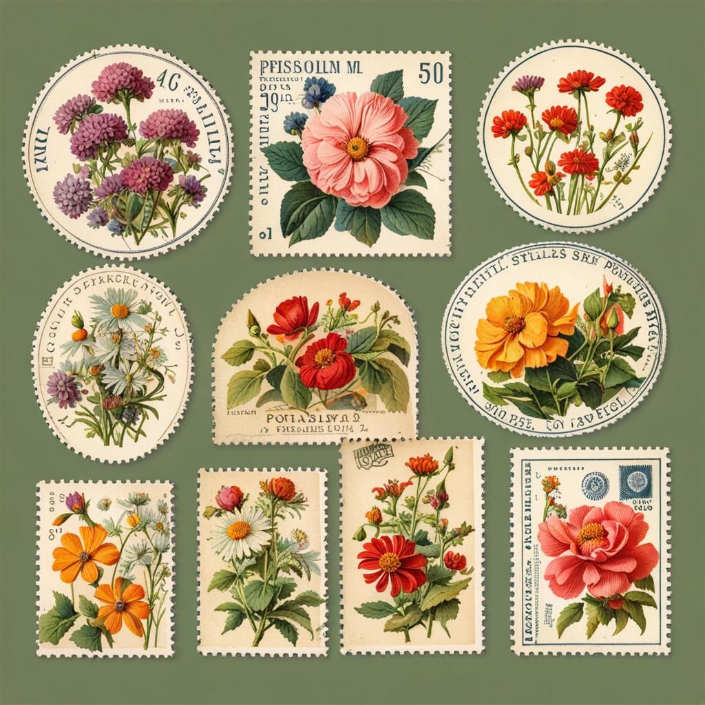 Vintage Flower Postal Stamps Fine Art Illustration