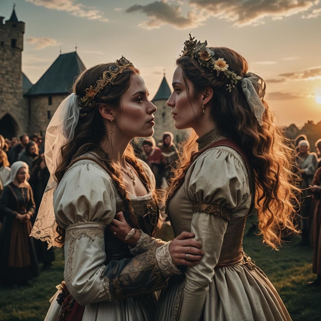 Medieval Wedding Kiss at Sunset: Cinematic Film Still