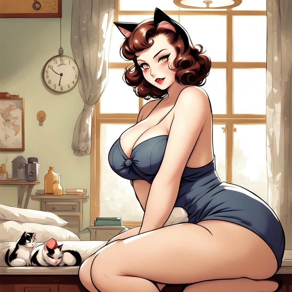 1950s Curvy Cat-Girl Pin-Up in Anime Style