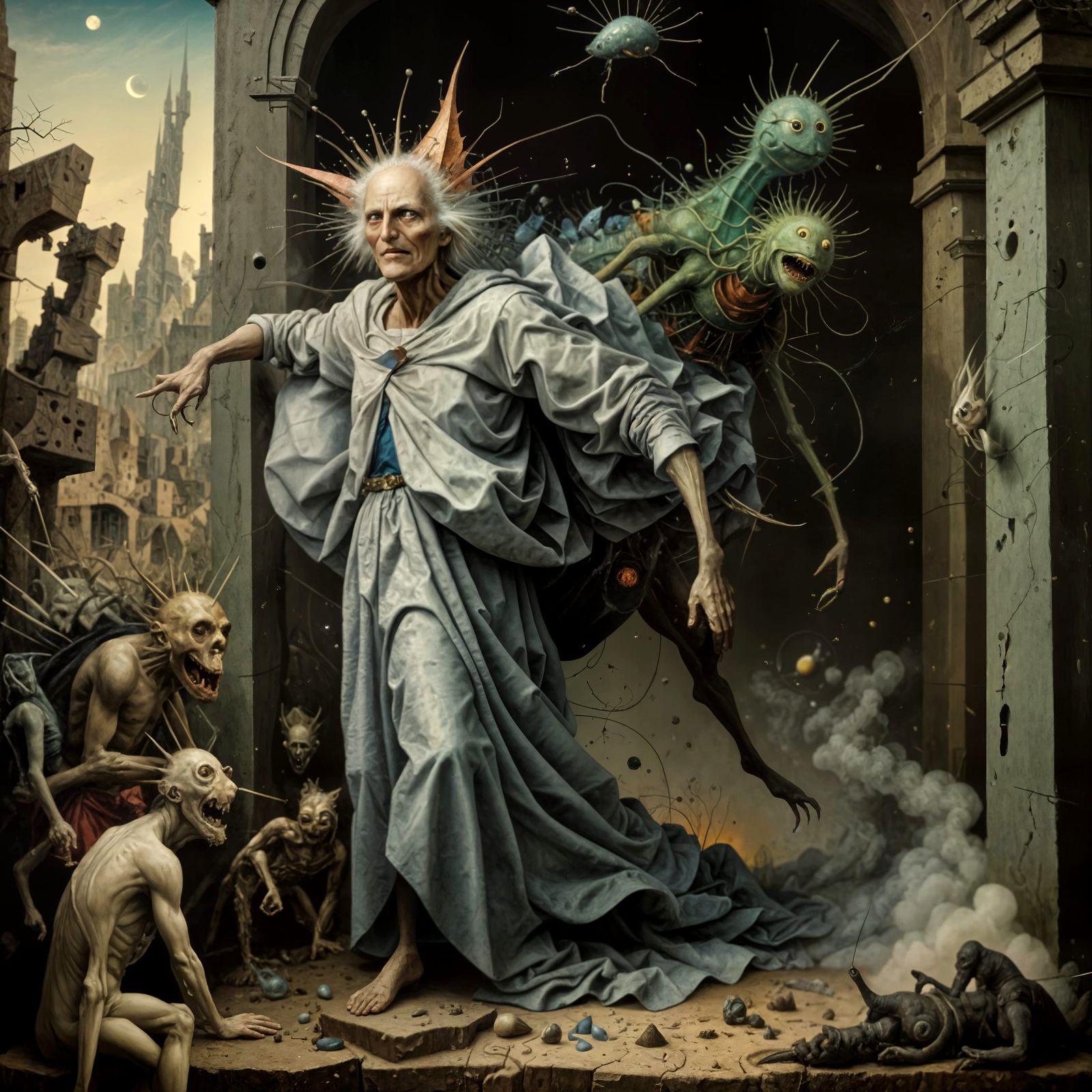 Grumpy Old Angel yelling at noisy neighbors. He will sic his goblins on the miscreants if it reoccurs.