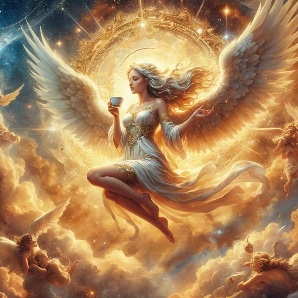 Radiant Angel Enjoys Celestial Coffee: Fantasy Artwork