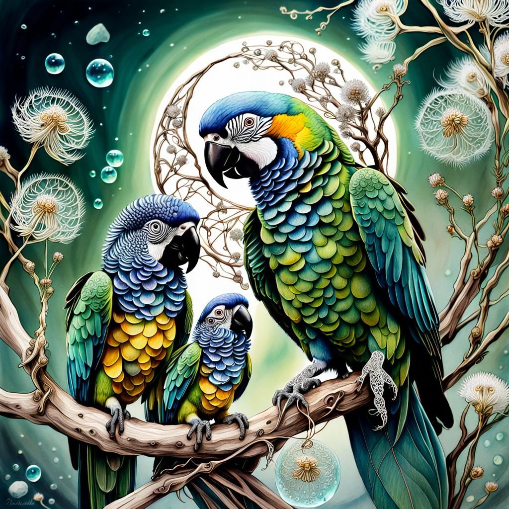 Mythical Spirit Parrots in Watercolour Photograph