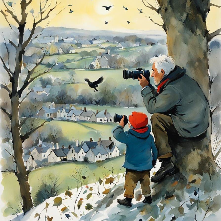 Grandfather and Grandson Birdwatching, Quentin Blake Style