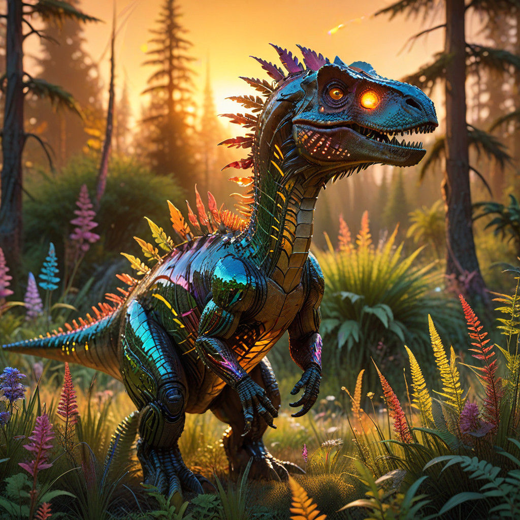 Magnificent Crystal Dinosaur in Golden Hour Fantasy Landscap...