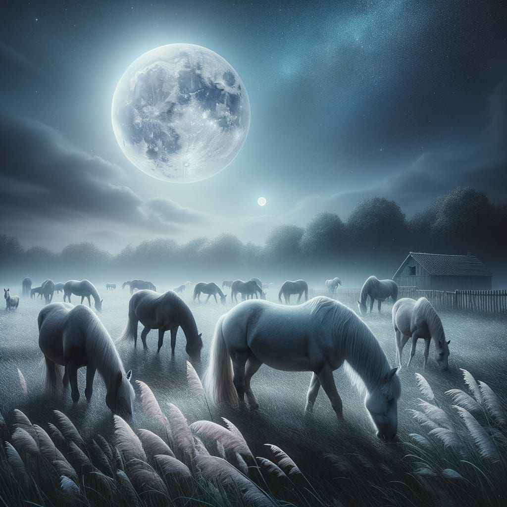 Ethereal Horses Under Moonlight in a Rustic Field