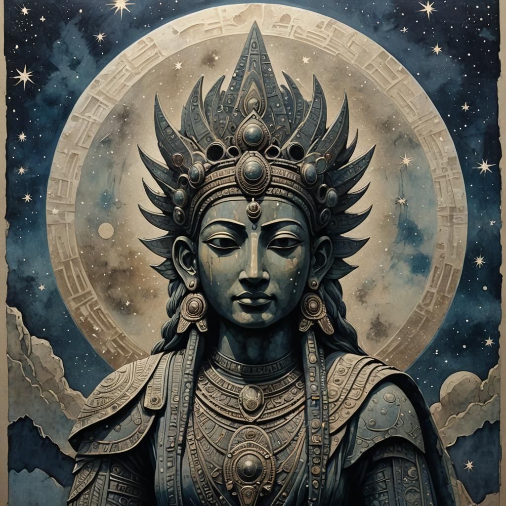 Anunnaki Deity Statue in Starry Moonscape, Linocut Style