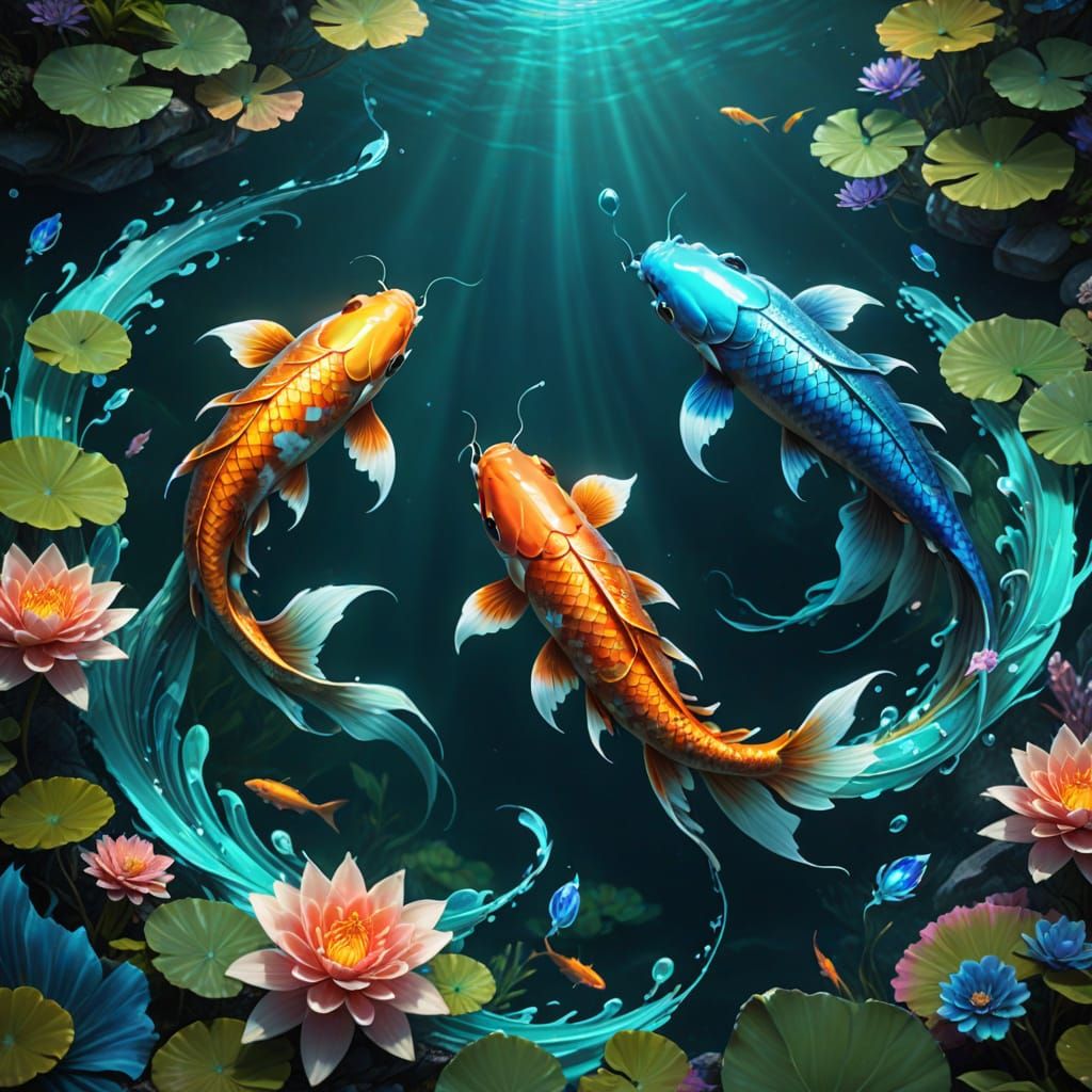Ethereal Aquatic Fantasy: Dragon Koi Fish Connected by Aqua ...