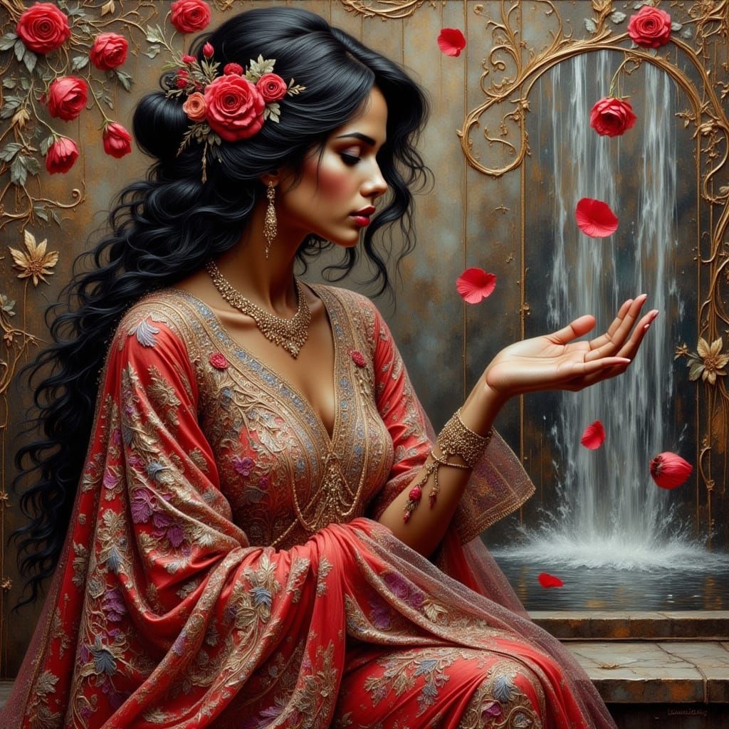 Middle Eastern Woman at Waterfall in Art Nouveau Style