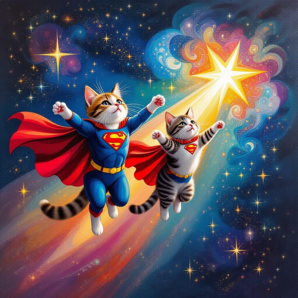 Cats Soaring in Starry Sky as Visionary Art